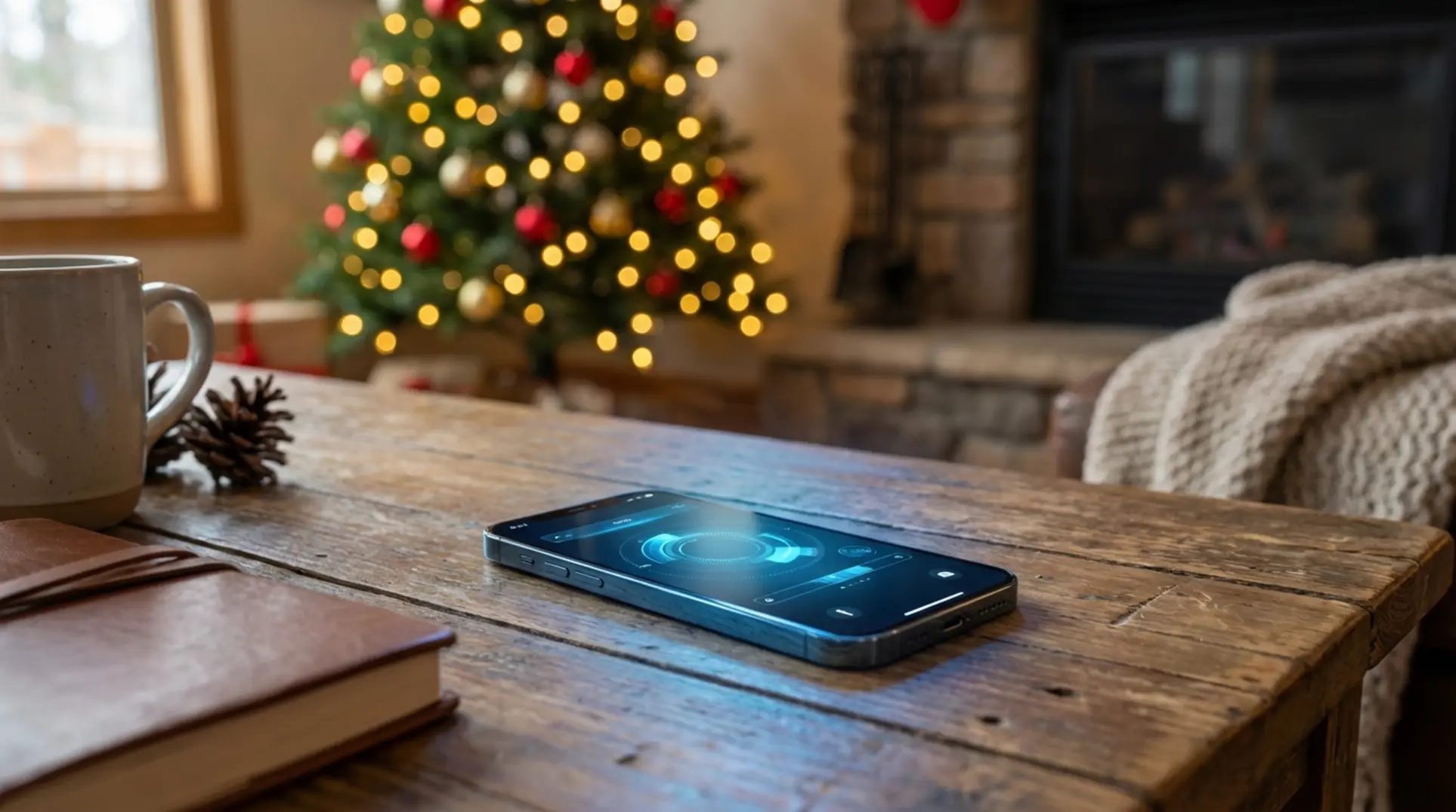 Smartphone displaying automated lead capture tradesmen alert with festive lights.