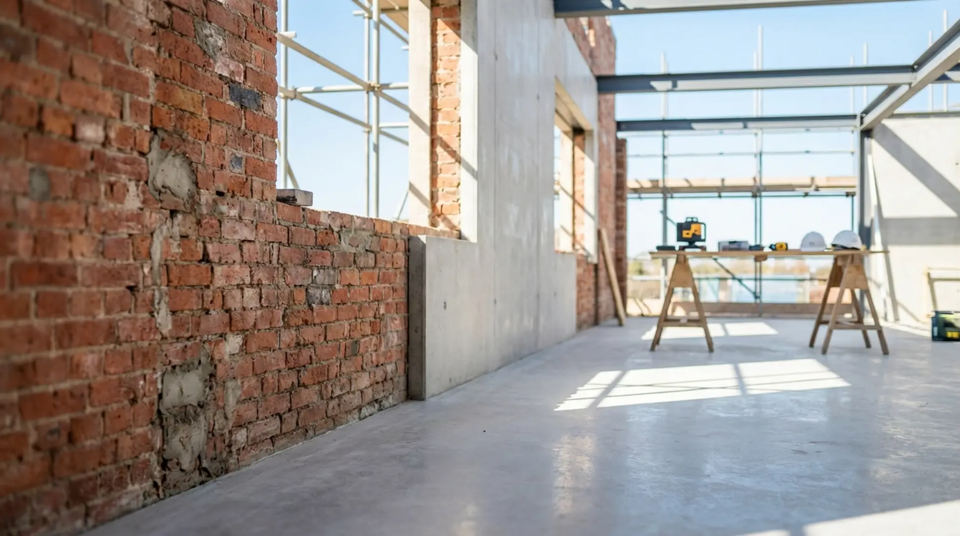 Conceptual construction scene comparing patched brickwork with modern concrete for builders website audit 2026.