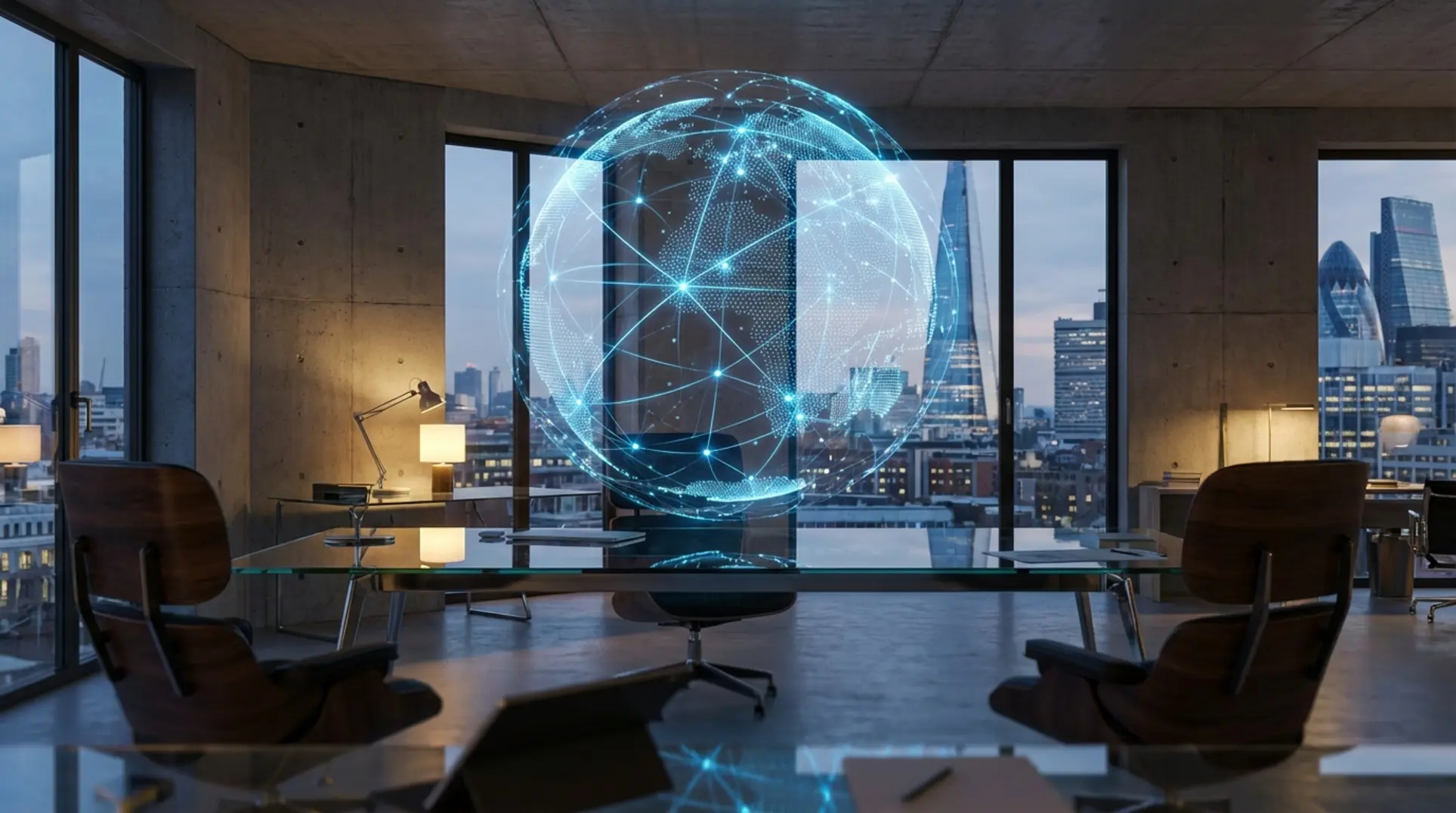 Holographic digital globe representing global site architecture nextjs hreflang strategies in a modern office.