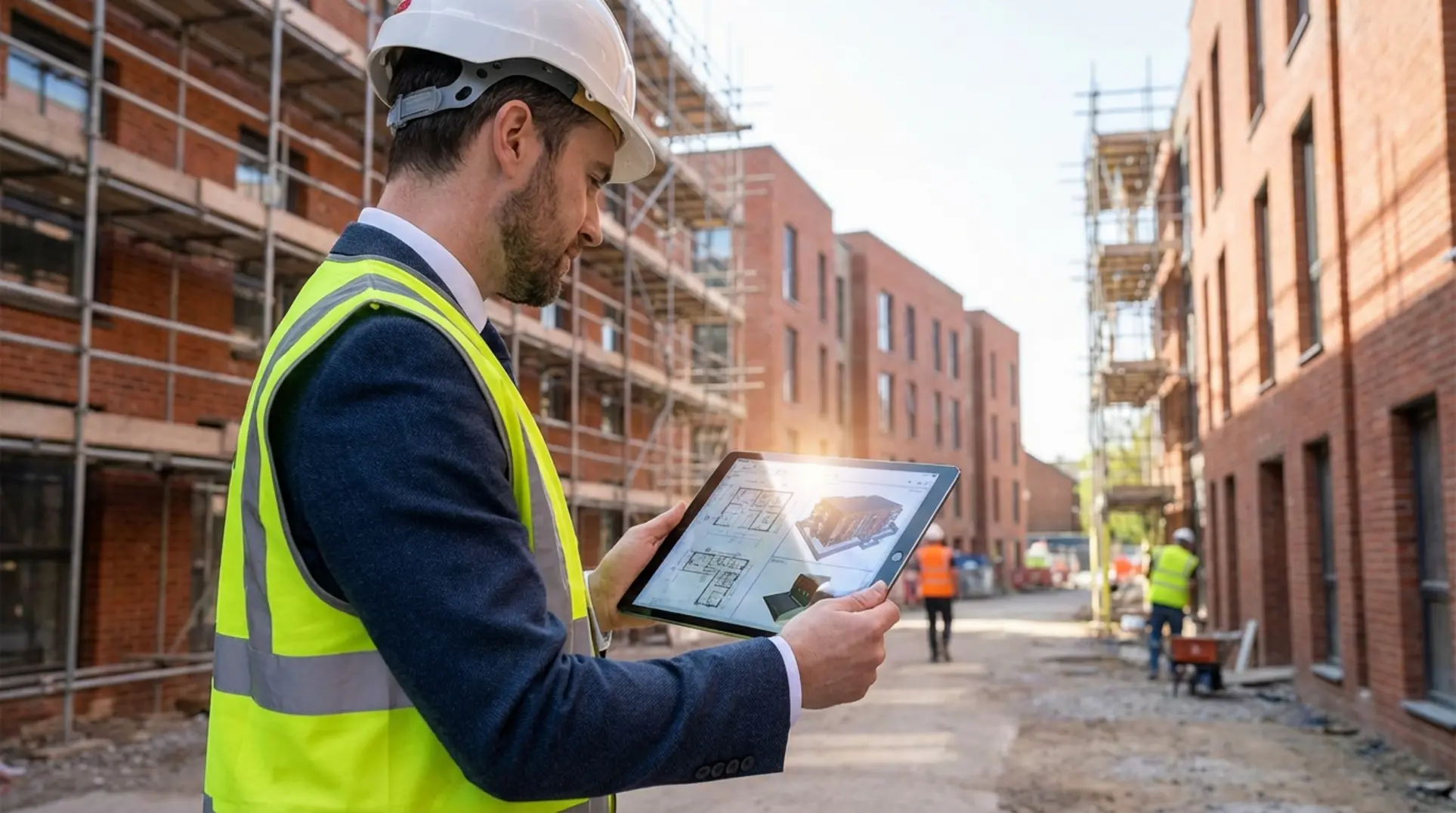 Builder reviewing Google Business Profile optimization metrics on tablet at construction site