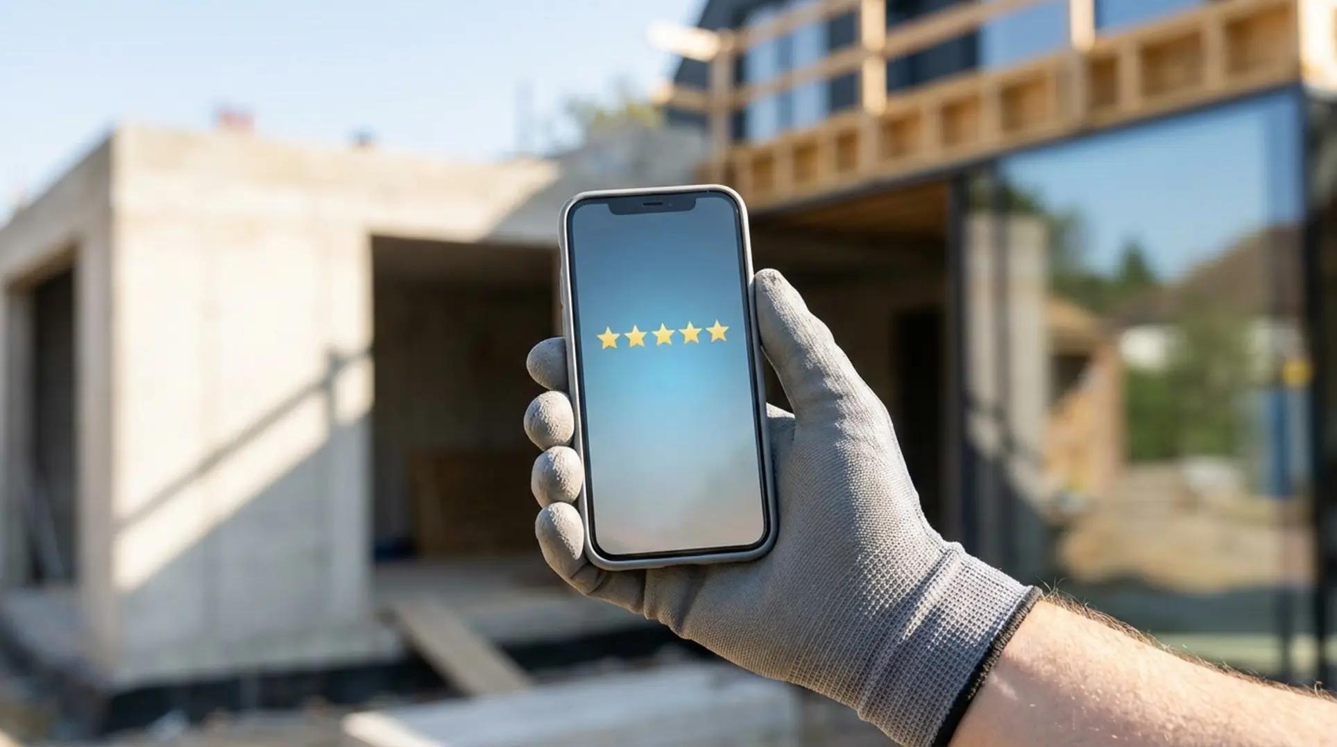 Smartphone showing 5-star rating for how to get google reviews for tradesmen guide.