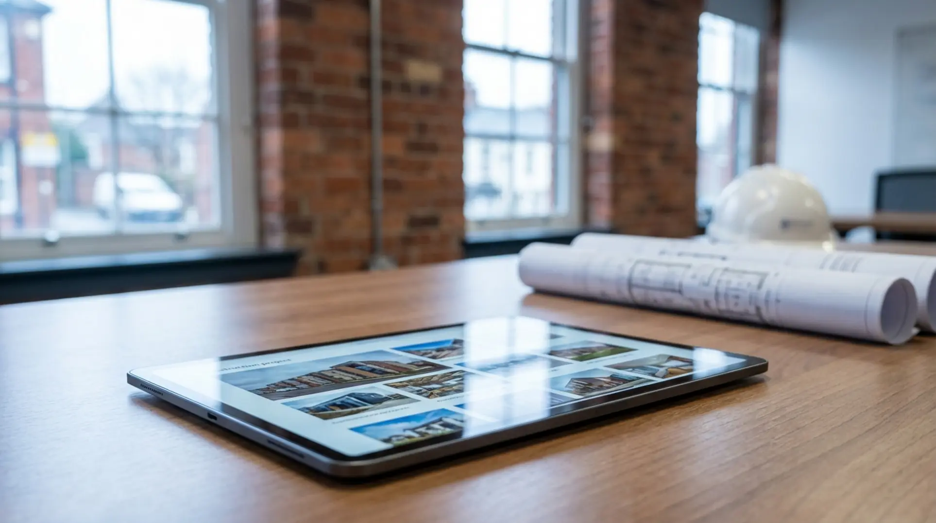 Tablet displaying optimized trade website portfolio images on construction site plan.