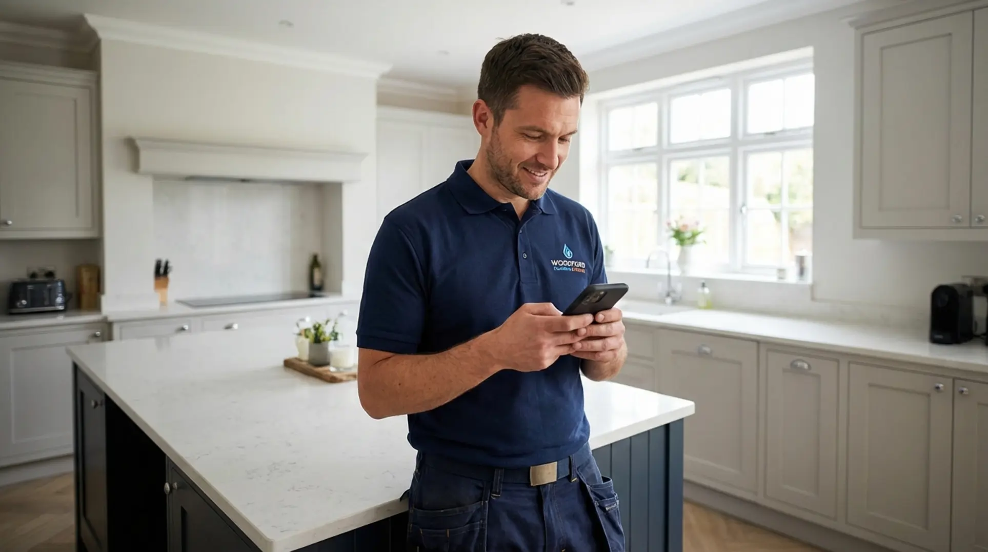 Professional plumber using fast mobile website design on smartphone in UK kitchen