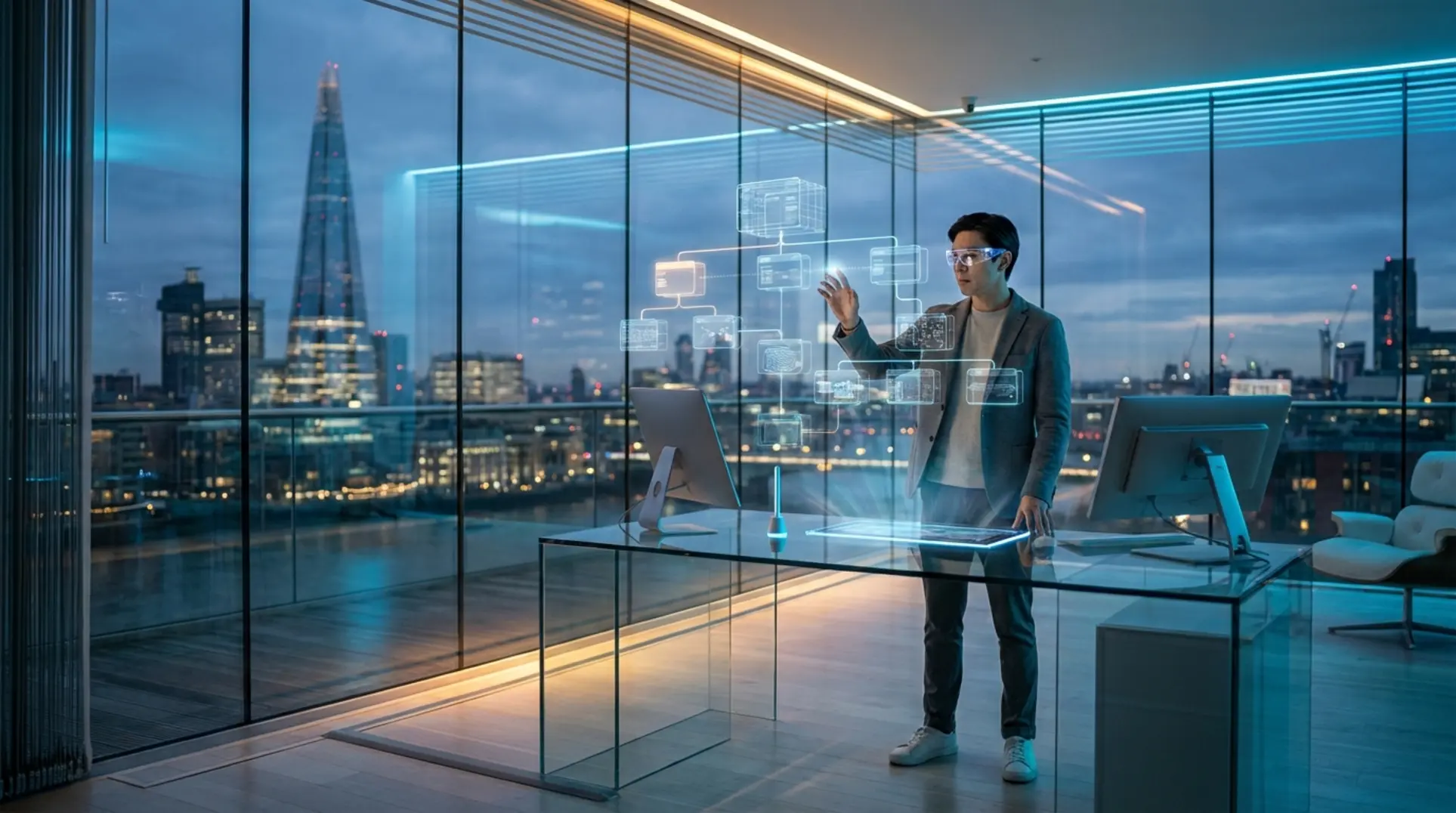 Schema markup specialist organizing structured data nodes in a modern technical studio.