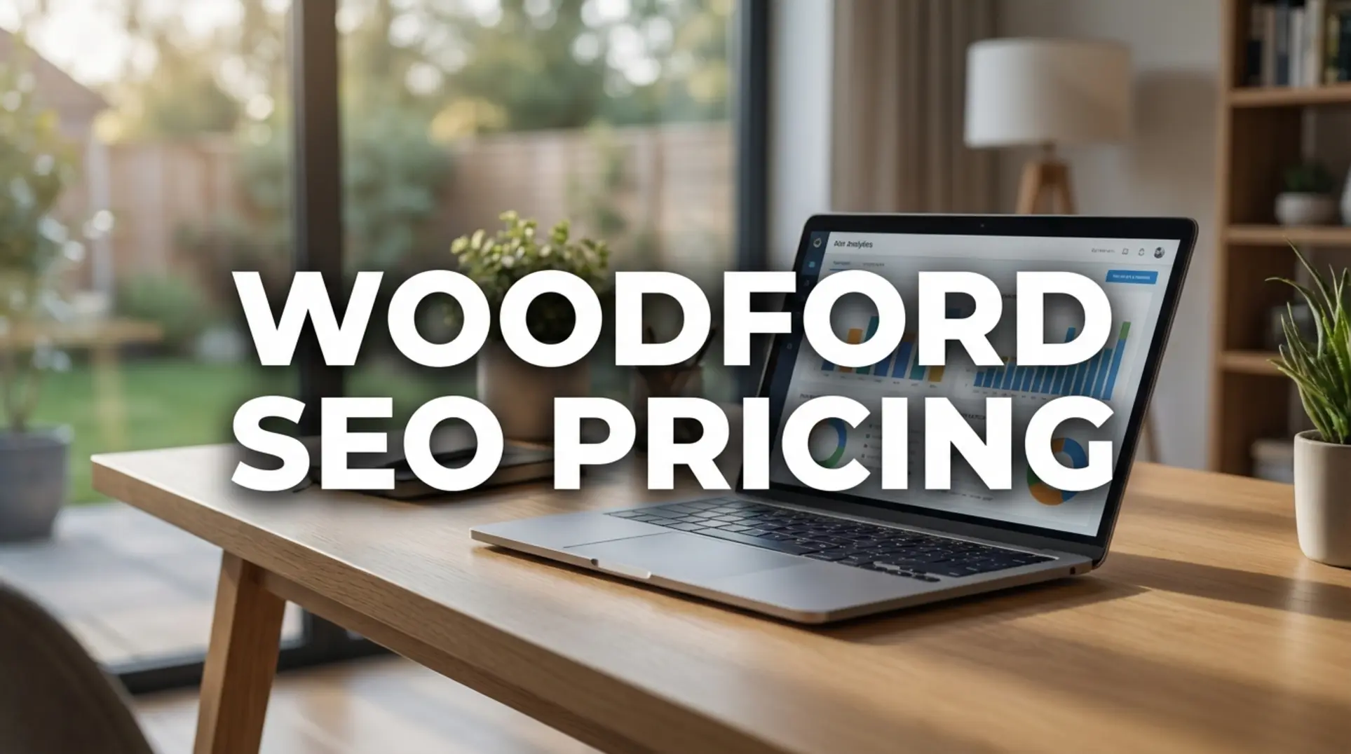 Modern office desk scene illustrating transparent SEO services cost in Woodford for small businesses.