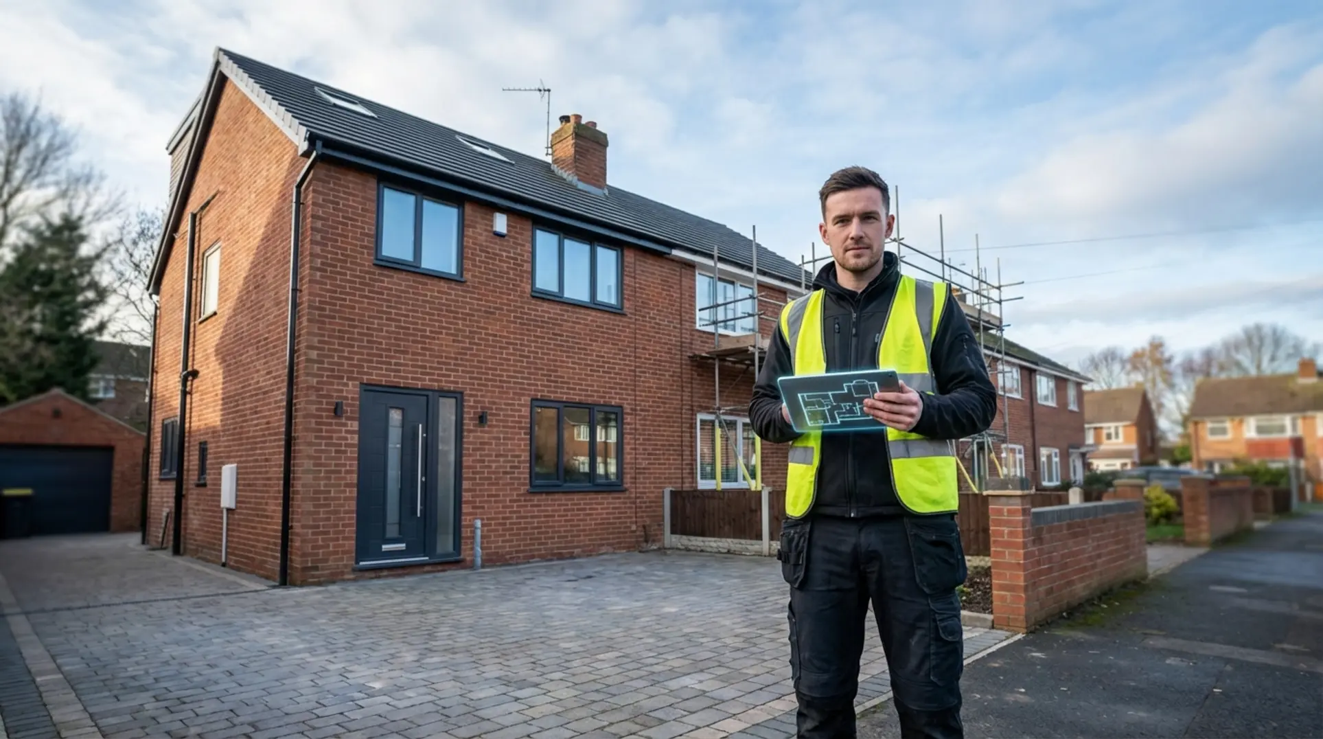 Professional tradesman using tablet near red brick house web design for tradesmen