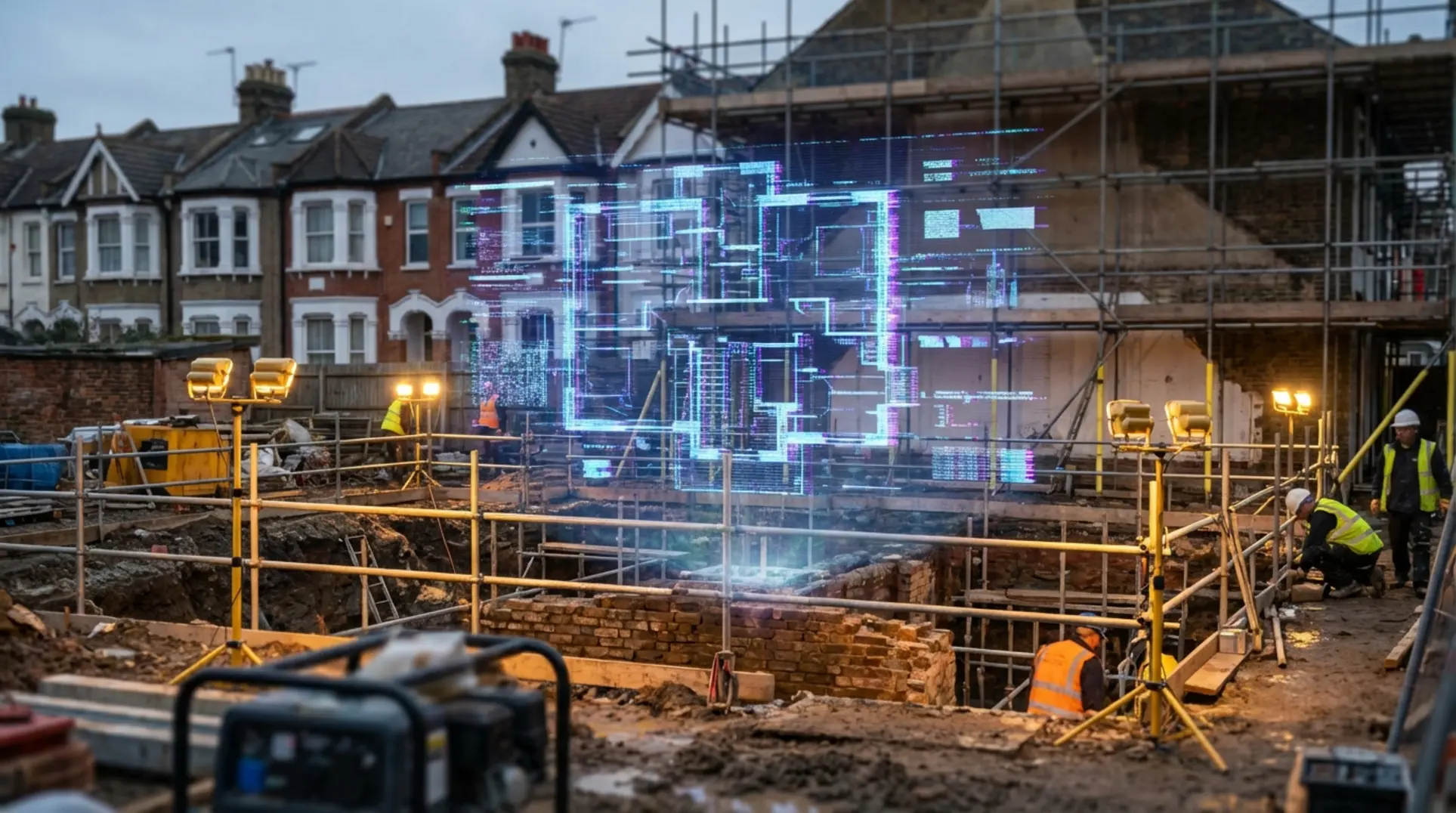 Plano digital con fallos en una obra, simbolizando el fracaso de las tendencias de diseño web para profesionales de oficios en 2026.