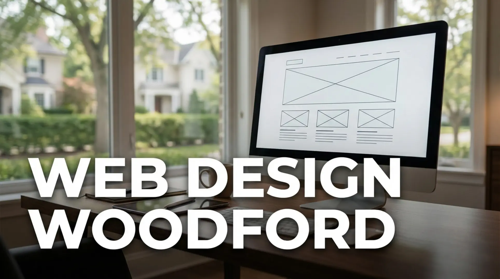 Moderner Arbeitsbereich zeigt Webdesign-Wireframes für Woodford auf einem Computermonitor.