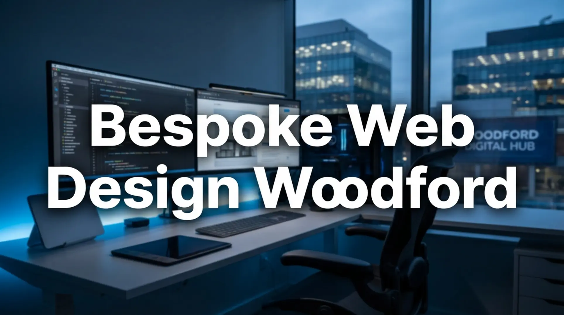 展示伍德福德网页设计师屏幕代码的现代办公室工作空间。