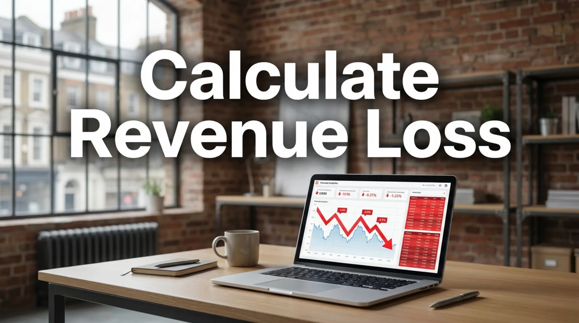 一台笔记本电脑，屏幕上显示着网站性能审计结果和收入损失计算器。