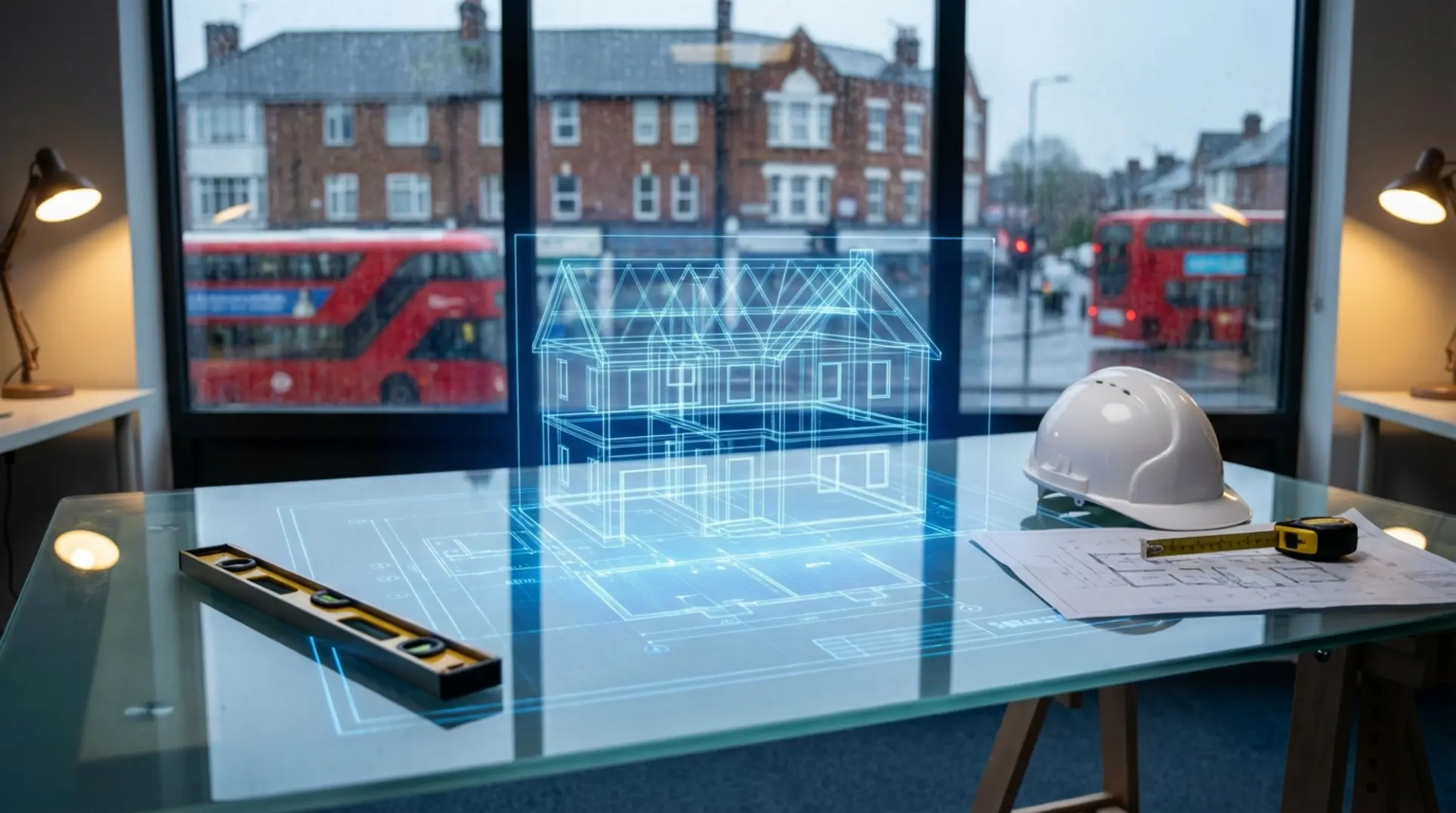 Workspace with digital blueprints showing wix vs custom website comparison for tradesmen.